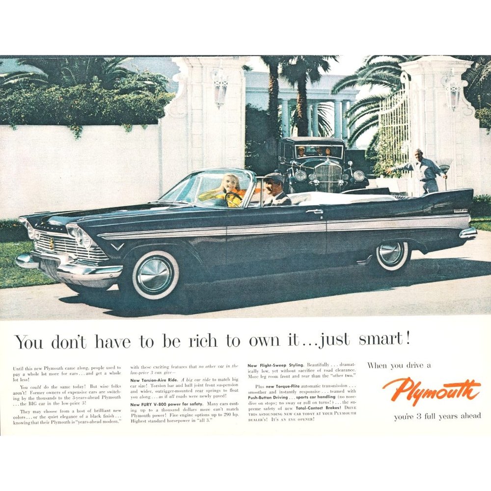 1957 Plymouth Belvedere 2 Door Black Convertible Vintage Print Ad 50s 10x13 Art